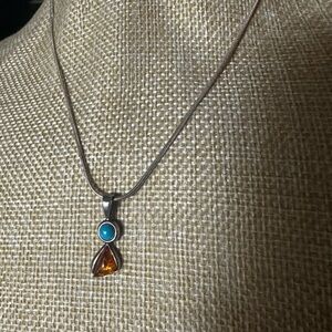 925 Silver Necklace with Genuine Turquoise and Ge Amber Pendant also marked 925